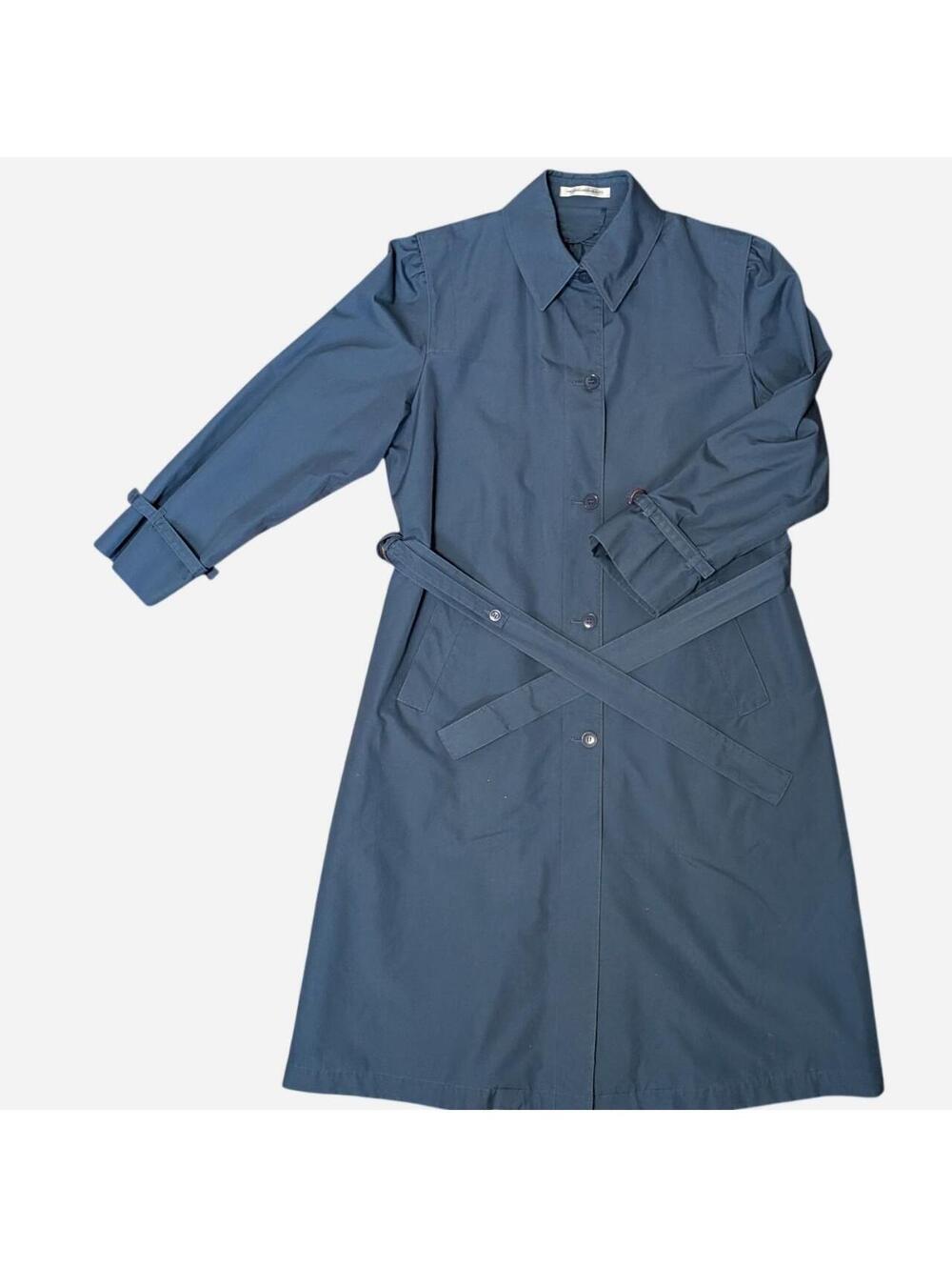 Vintage 1980s Slate Blue Trench Coat Belted Raincoat Cotton Blend Small Medium